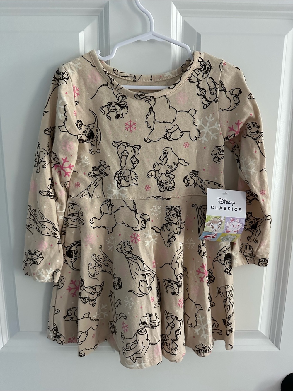 Disney Beige Puppy Print Long-Sleeve Dress with Pink Accents